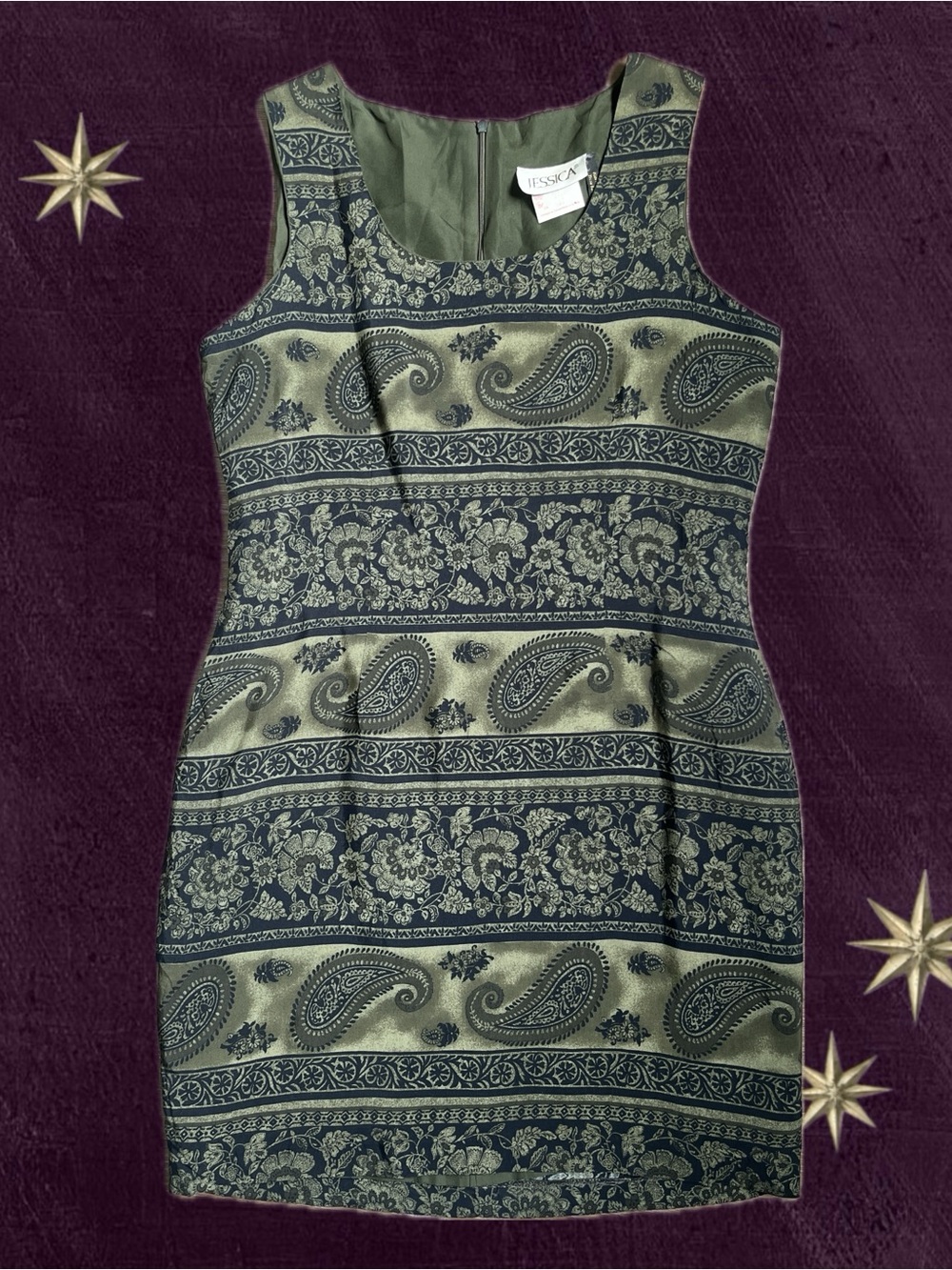 Vintage whimsigoth Olive Green Paisley mini dress